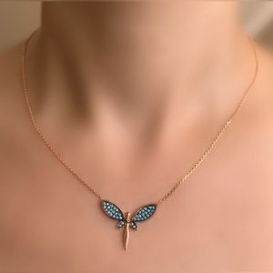 Minimalist Sterling Silver Dragonfly Necklace - Blue Zircon Stone - Rose Gold